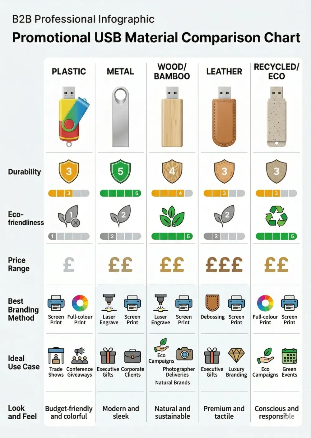 Promotional USB Material Comparison Chart