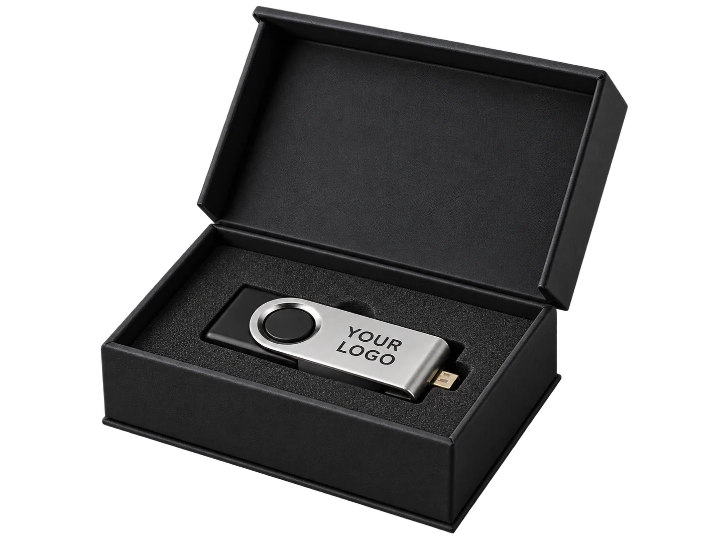 Branded USB drive in a navy magnetic gift box