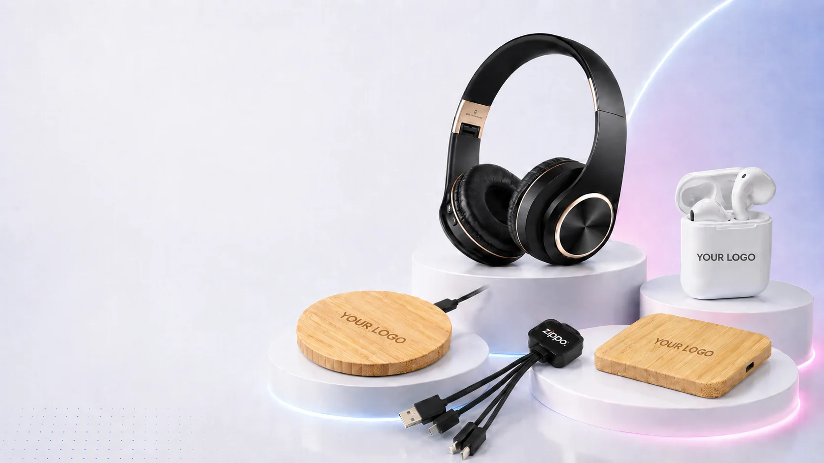 Branded tech gifts including headphones, earphones, wireless chargers and charging cables