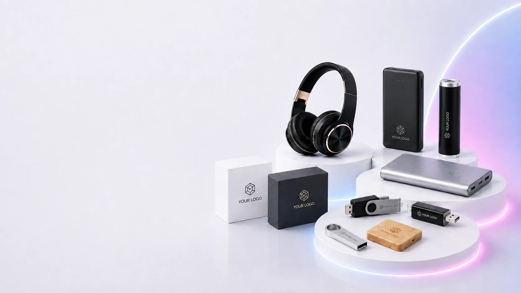 Branded products printed with your logo: Twister USB sticks, a wooden USB, power banks, headphones and presentation boxes